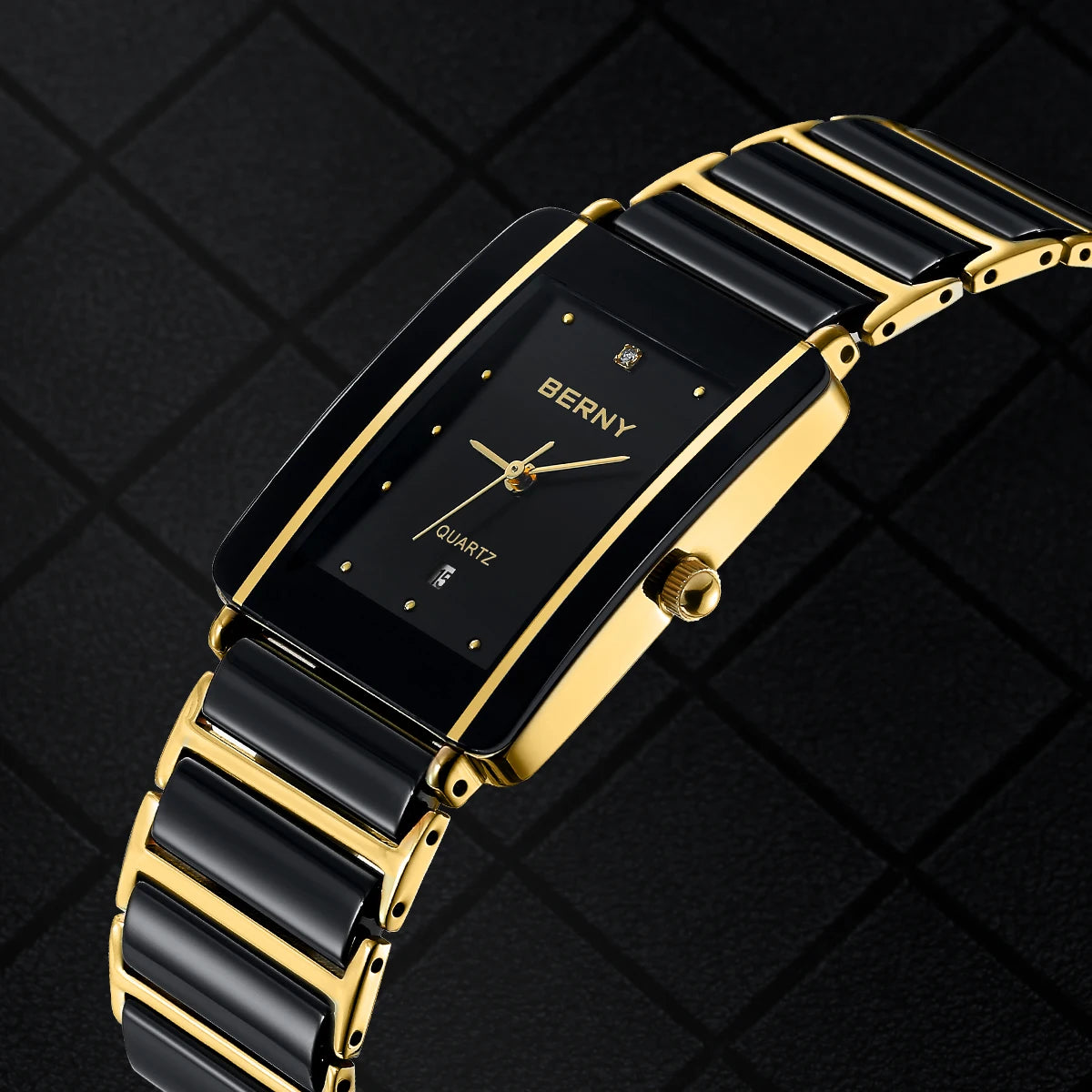 BERNY Luxury Ceramic Quartz Men's Watch - Waterproof Rectangle Wristwatch with Calendar and Diamond Accents in Black and Gold - Ideal Couple Gift
