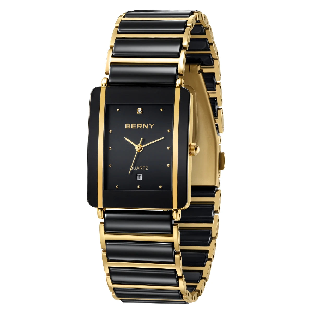 BERNY Luxury Ceramic Quartz Men's Watch - Waterproof Rectangle Wristwatch with Calendar and Diamond Accents in Black and Gold - Ideal Couple Gift