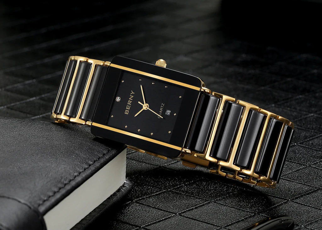 BERNY Luxury Ceramic Quartz Men's Watch - Waterproof Rectangle Wristwatch with Calendar and Diamond Accents in Black and Gold - Ideal Couple Gift