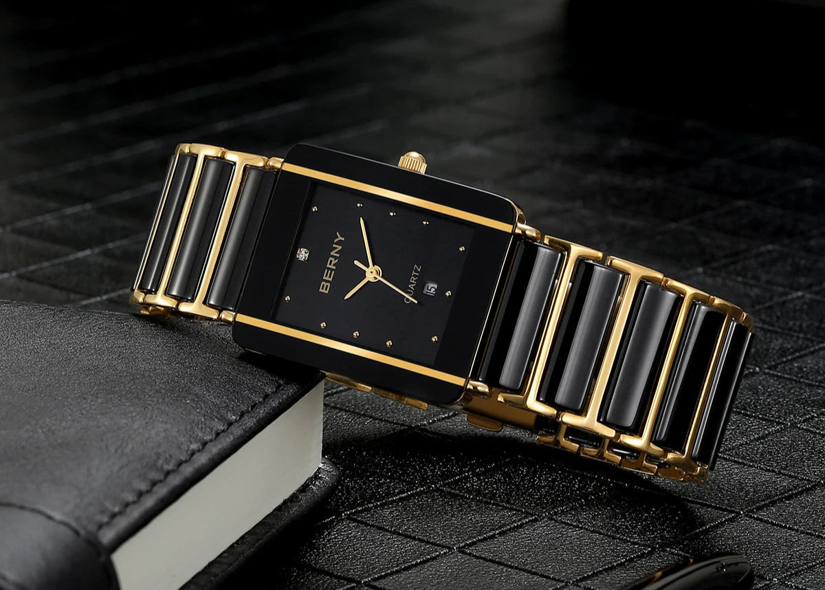BERNY Luxury Ceramic Quartz Men's Watch - Waterproof Rectangle Wristwatch with Calendar and Diamond Accents in Black and Gold - Ideal Couple Gift