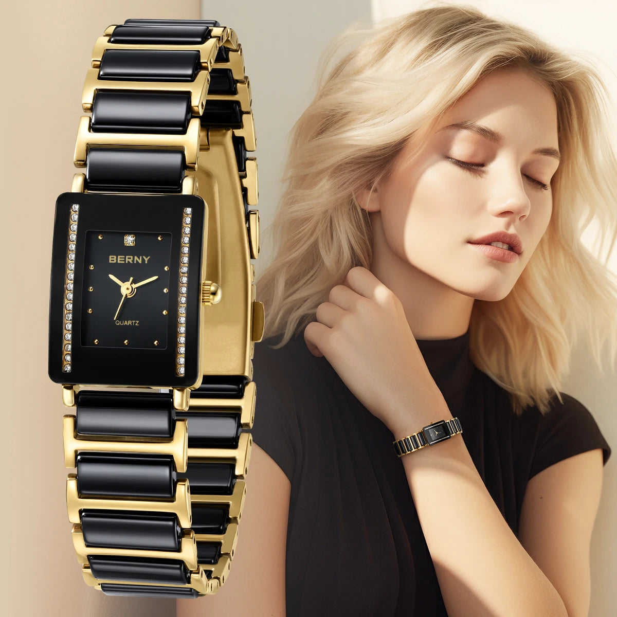 BERNY Luxury Ceramic Quartz Men's Watch - Waterproof Rectangle Wristwatch with Calendar and Diamond Accents in Black and Gold - Ideal Couple Gift