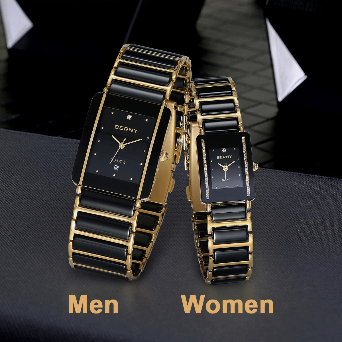 BERNY Luxury Ceramic Quartz Men's Watch - Waterproof Rectangle Wristwatch with Calendar and Diamond Accents in Black and Gold - Ideal Couple Gift