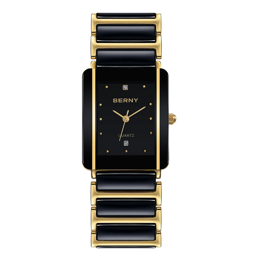 BERNY Luxury Ceramic Quartz Men's Watch - Waterproof Rectangle Wristwatch with Calendar and Diamond Accents in Black and Gold - Ideal Couple Gift