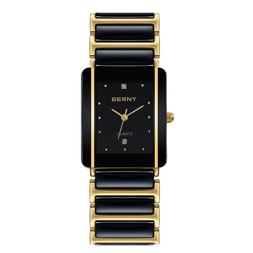 BERNY Luxury Ceramic Quartz Men's Watch - Waterproof Rectangle Wristwatch with Calendar and Diamond Accents in Black and Gold - Ideal Couple Gift