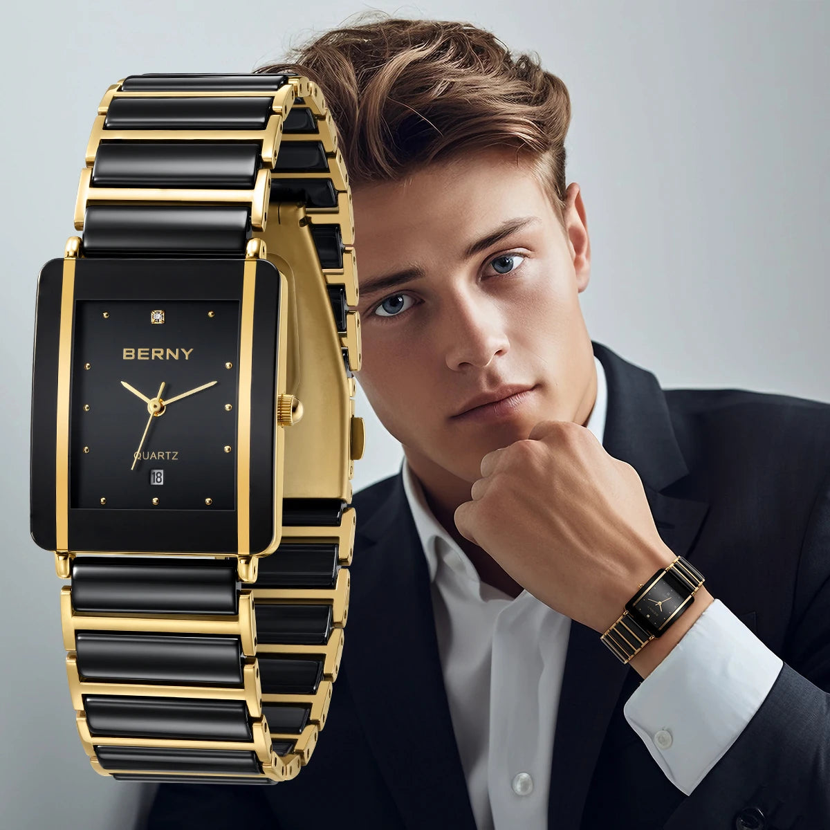 BERNY Luxury Ceramic Quartz Men's Watch - Waterproof Rectangle Wristwatch with Calendar and Diamond Accents in Black and Gold - Ideal Couple Gift